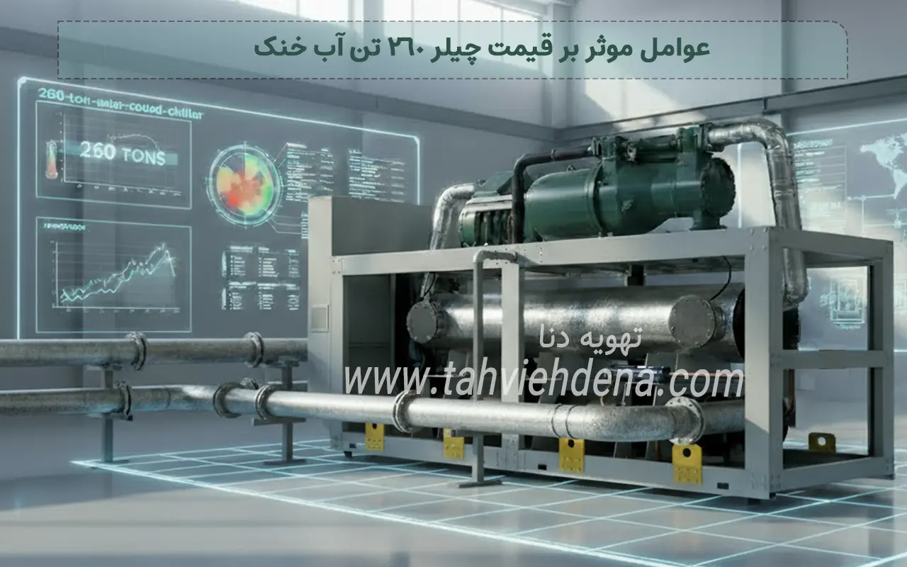 در عکس یک دستگاه چیلر 260 تن آب خنک را می بیند که به موضوع عوامل موثر بر قیمت چیلر 260 تن آب خنک پرداخته است. عواملی همچون نوع کمپرسور ، اواپراتور، کندانسور، قطعات برقی و غیره