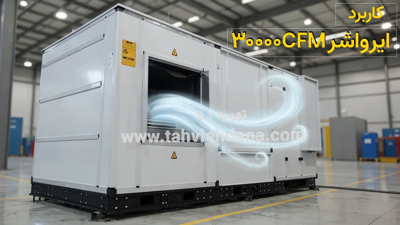 مزایا و کاربرد استفاده از ایرواشر 30000cfm در تهویه محیط های صنعتی؛ که می توان به هوای تازه، خنک و تصفیه شده اشاره کرد البته باید بدانید قیمت ایرواشر 30000cfm صنعتی نسبت به سایر ایرواشرها کمی بیشتر است.