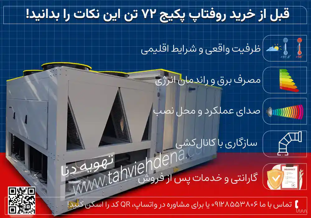 قبل از خرید روفتاپ پکیج 72 تن باید نکاتی همچون انتخاب ظرفیت مناسب، حدود قیمت روفتاپ پکیج 72 تن، میزان مصرق برق و ... را در نظر داشته باشید.
