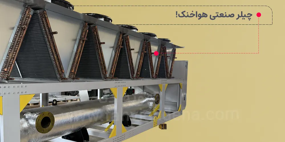 چیلر صنعتی یا چیلر خط تولید چیست؟ 5 عکسی از یک چیلر صنعتی با کندانسور هواخنک مشاهده میکنید؛ از این نوع چیلر بیشتر در پروژههایی استفاده میشود که دسترسی به آب کم است.