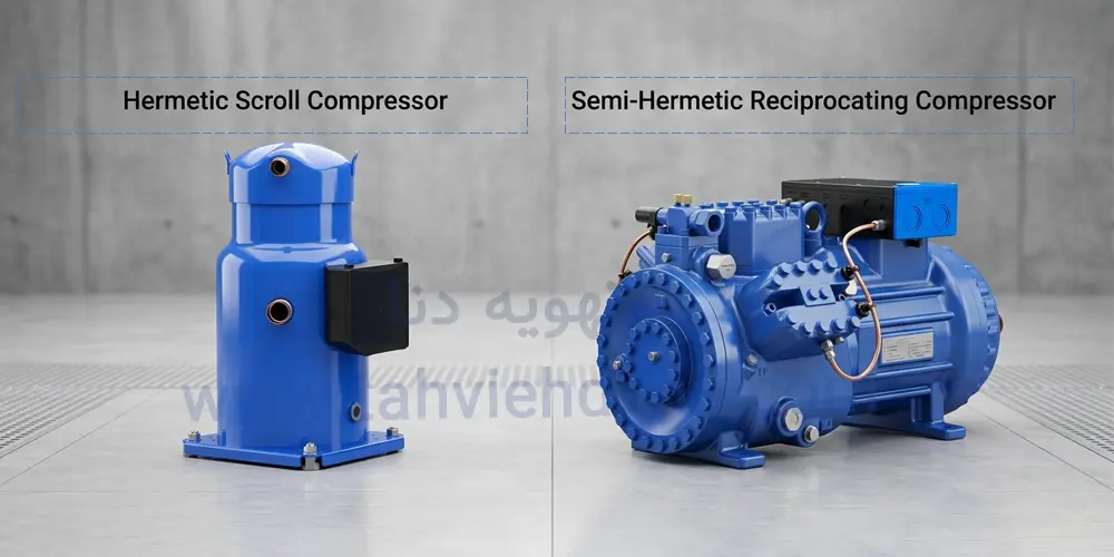 چیلر اسکرال چیست؟ راهنمای جامع انتخاب، خرید و عملکرد 2 بررسی تفاوت کمپرسورهای Hermetic و Semi-Hermetic در چیلرهای تراکمی