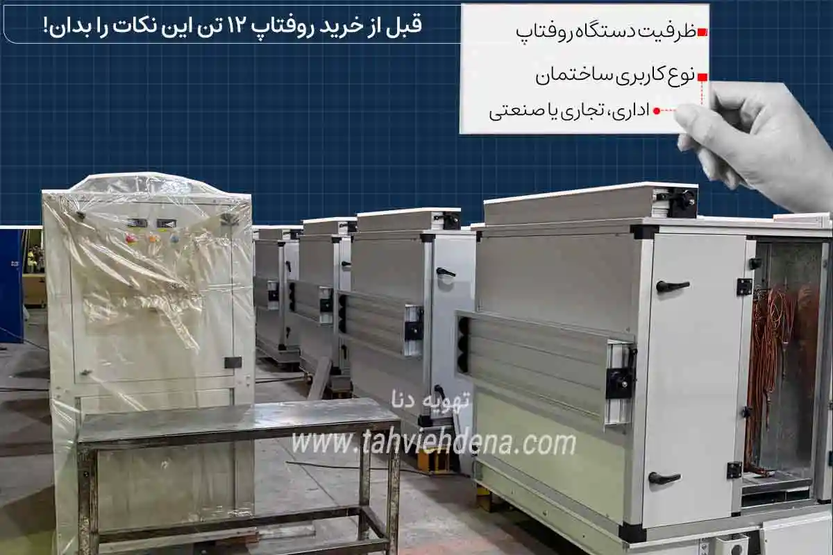 اینفوگرافی در خصوص راهنمای خرید روفتاپ پکیج 12 تن؛ شما یک دستگاه روفتاپ پکیج 12 تن 2 پارچه را می بینید که از هواساز و چیلر تشکیل شده. باید قبل از خرید روفتاپ پکیج 12 تن به ظرفیت و نوع کاربری دقت کنید چون قیمت روفتاپ پکیج 12 تن ممکن است با تغییر هر یک از این آیتمها تغییر کند.