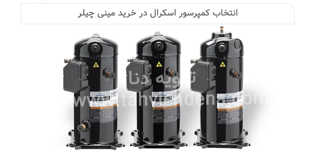 راهنمای جامع انتخاب و خرید مینی چیلر تراکمی 4 عکسی از چند کمپرسور اسکرال، غالباً در مینی چیلرها از کمپرسور اسکرال برای ظرفیتهای پایین تا متوسط استفاده میکنند.