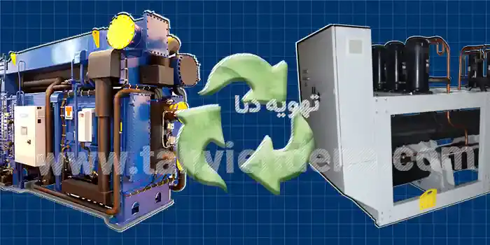 تصویر نشان دهنده جایگزینی چیلر ۱۲۰ تن آب خنک بهجای چیلر جذبی است، در جهت افزایش عملکرد و راندمان و نیز کاهش هزینههای نگهداری.